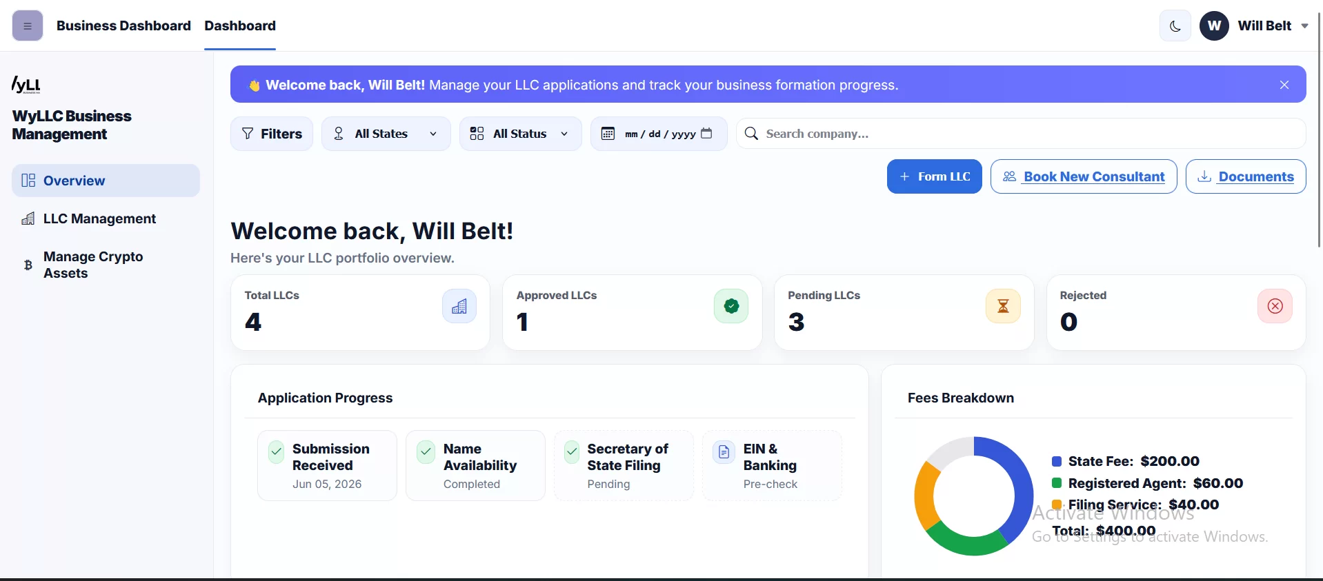 WyLLC Business Management Company Crypto Wallet Website